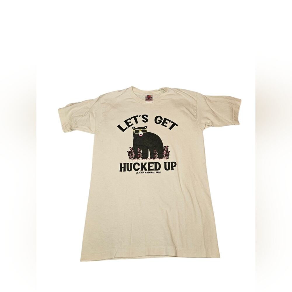NWOT Small Women's Cream Bear & Berries Graphic T-Shirt "Lets Get Hucked Up".